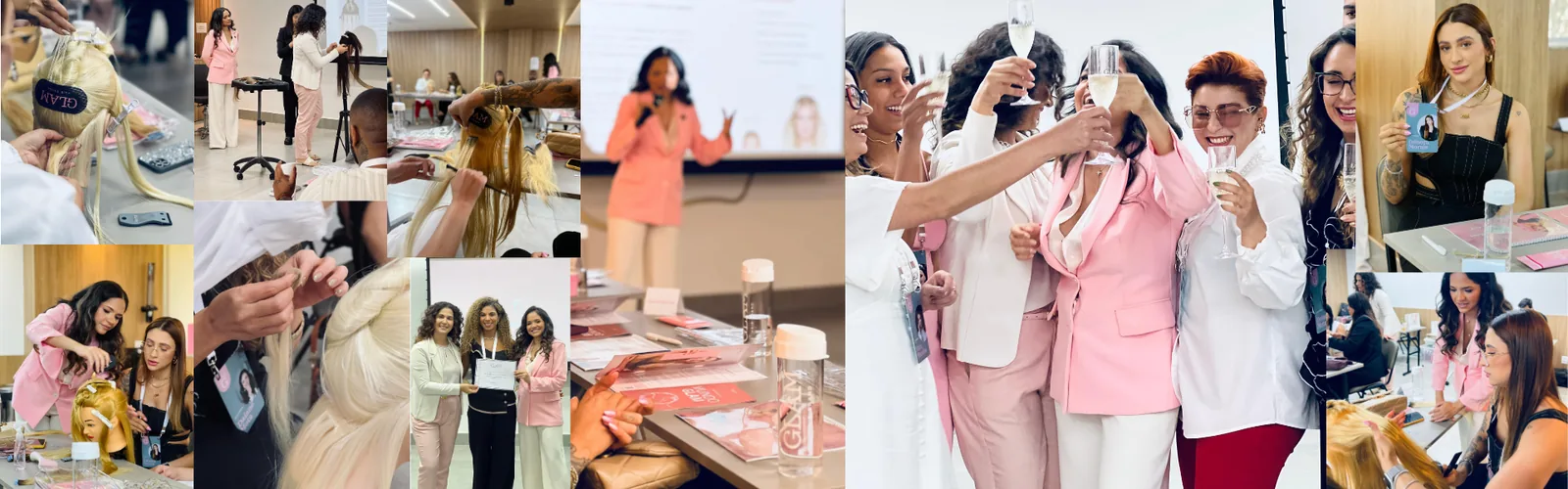 Momentos do Curso Presencial Glam — demonstrações, alunas e certificação